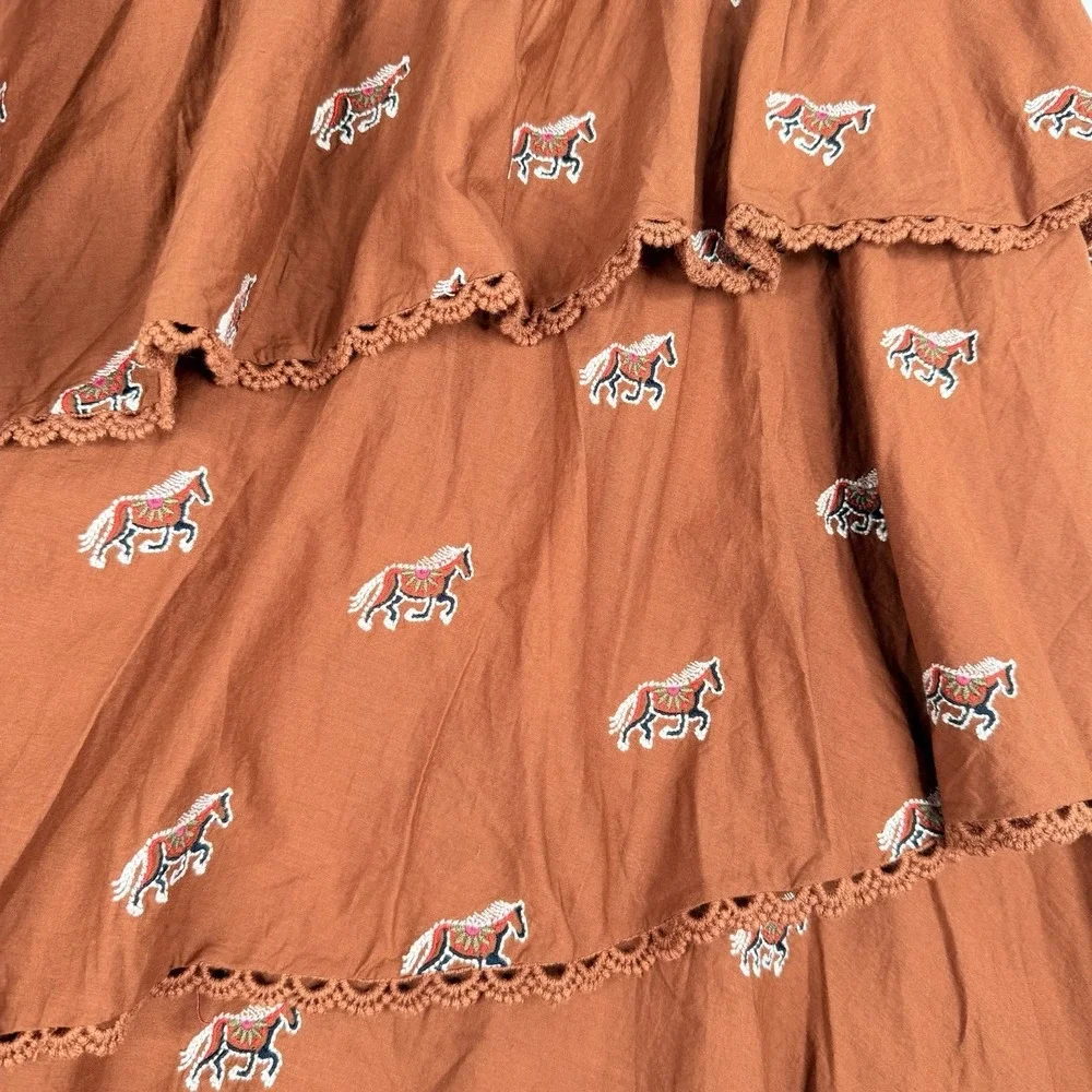 FARM Rio for Anthropologie Maxi skirt Rusty Brown Embroidered Horse Layered XS